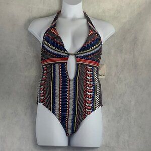 Bar III Printed Maillot Plunge V-Neck Halter One-Piece Swimsuit, Multi, XL